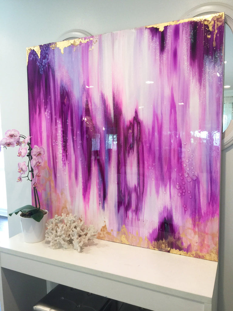"Amethyst Falls" Sold! Abstract Art Large Canvas Painting 48" x 48" White, purple Ikat Glitter with Glass and Resin Coat