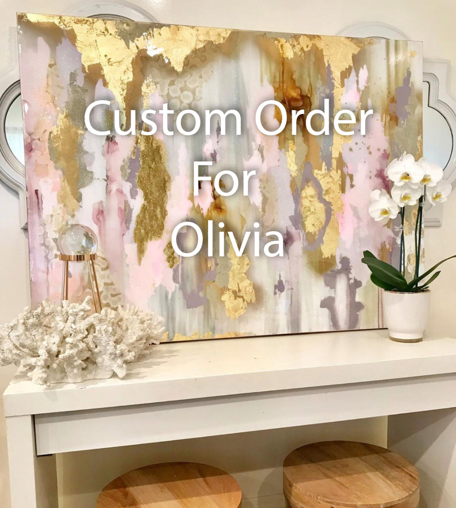 Custom Painting For Olivia "Rose Quartz" with Emerald Green, Large Canvas Painting, Pink, Gold, Pastel, Bronze Glitter with and Resin 30" x 40" real gold leaf