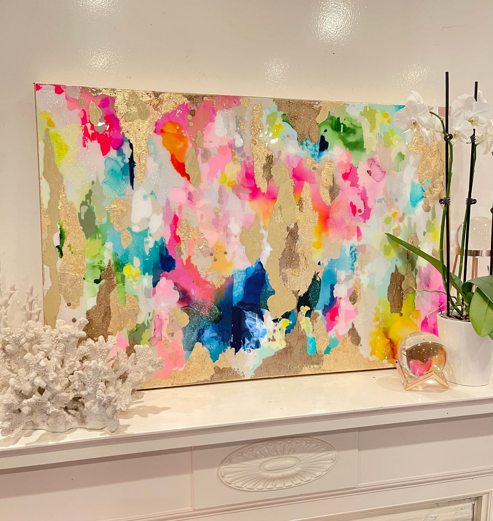 Available! Abstract Canvas Painting, Pastel, White, Pink, and Gold 24" x 36"