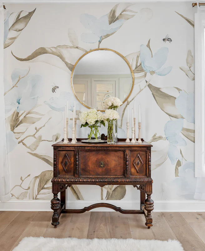 "Blue and Cream Magnolia" Oversized Wall Mural