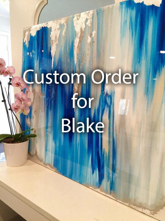 24" x 36" Custom Sapphire, turquoise, White, Gold Large Abstract Canvas Painting IN GOLD FLOATER FRAME For Blake