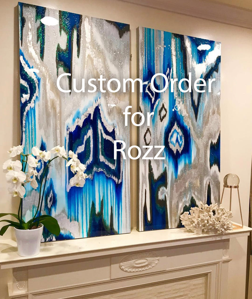 24" x 48" Custom Aqua, White, Silver Large Abstract Canvas Painting for Rozz