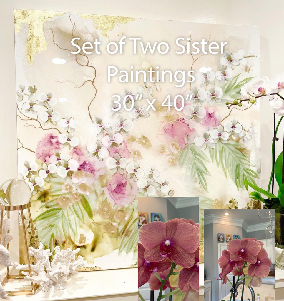 Three paintings - one 36" x 36" & Two Complimentary Sister Orchid Paintings Blue, Abstract Art 30" x 40"