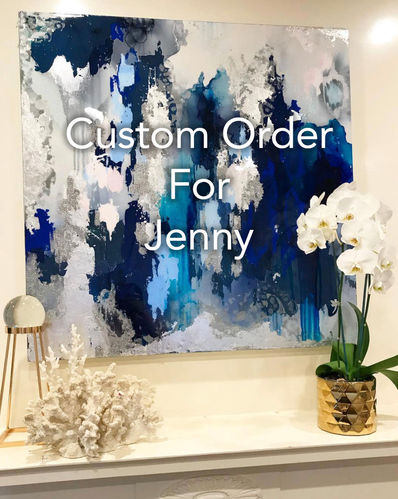 Large Canvas Painting, Royal Blue, White, Silver Leaf Glitter with Resin 30" x 40" real silver leaf Large painting