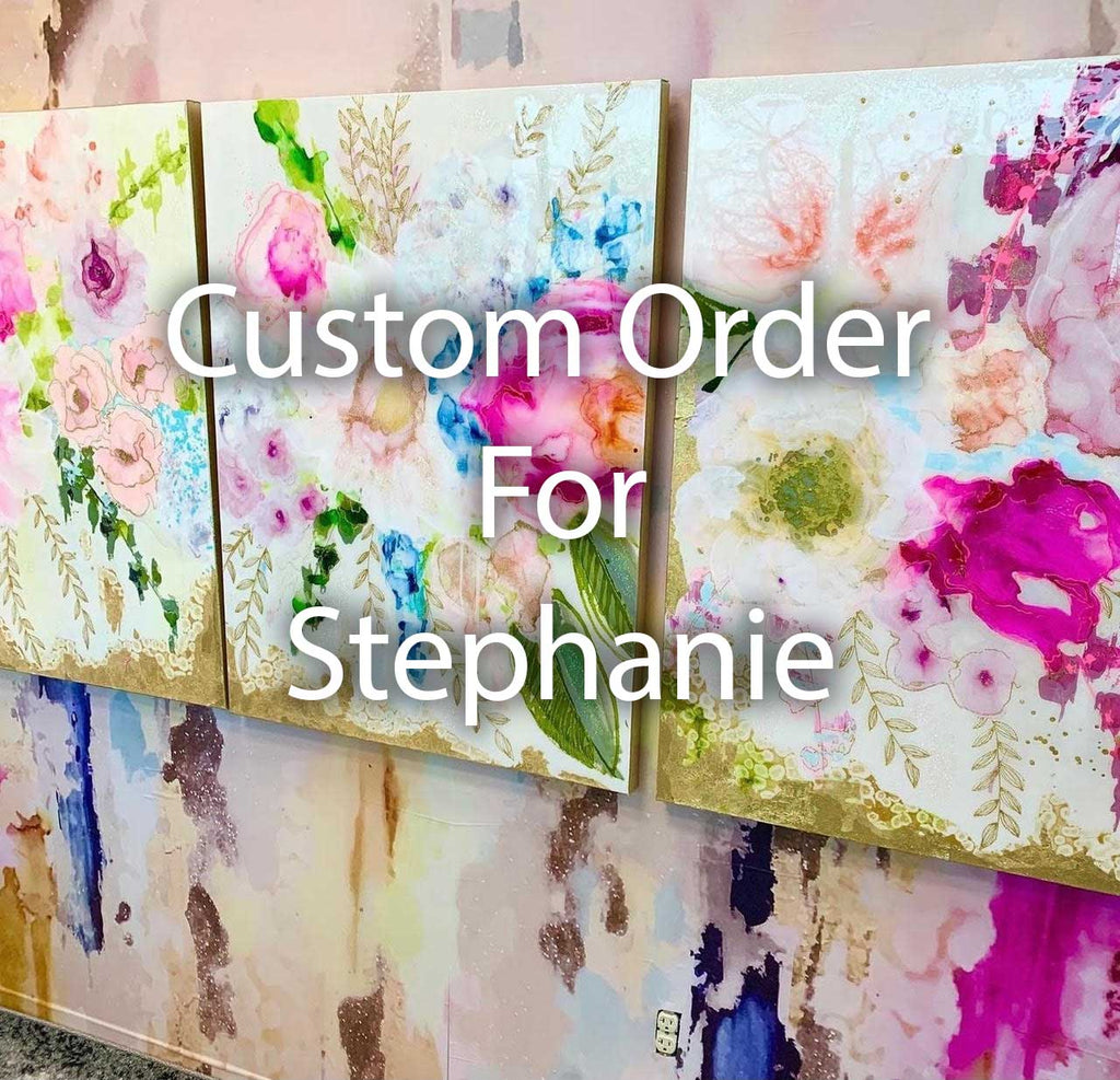 Custom abstract floral 24" x 48" pink, purple, blue, green, golds, and glitter