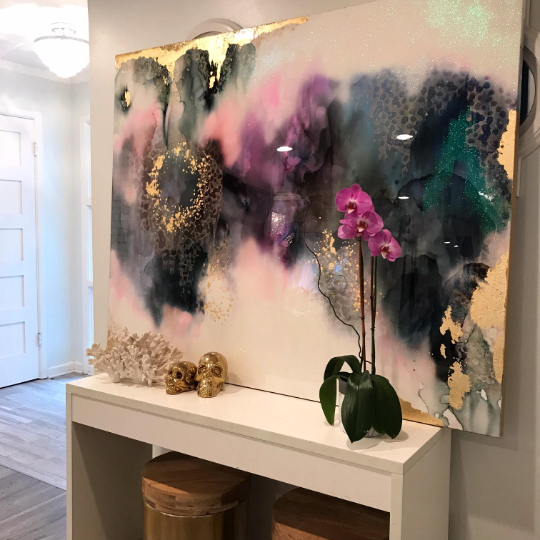 Custom "Tahitian Pearl" Gray, Black , Raspberry, Silver, Gold Ombre Glitter with Glass and Resin Coat 48" x 60" real gold leaf