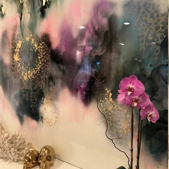 Custom  "Tahitian Pearl" Gray, Purple, Pink Green, Blue Gold  Ombre Glitter with Glass and Resin Coat 48" x 60" real gold leaf