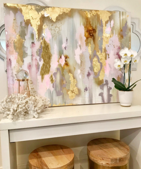 Custom "Rose Quartz". With Added Deep Blue Large Art, Large Canvas Painting, Pink, Gold, Pastel, Bronze Glitter with and Resin 36" x 48" real gold leaf