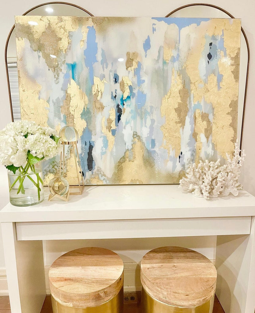 Original Large Art, Large Canvas Painting, Blue, White, Gold, Pastel, Bronze Glitter with and Resin 24" x 36" real gold leaf