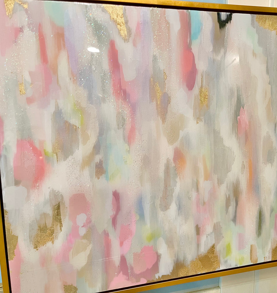 “Birthday Cake" Large Abstract Canvas Painting, Pastel, White and Gold with gold leaf floater frame 24" x 36"