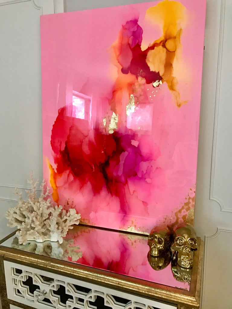 "Star Gazer" Painting Gold Pink, Glitter with and Resin Coat 40" x 30" Gold Leaf