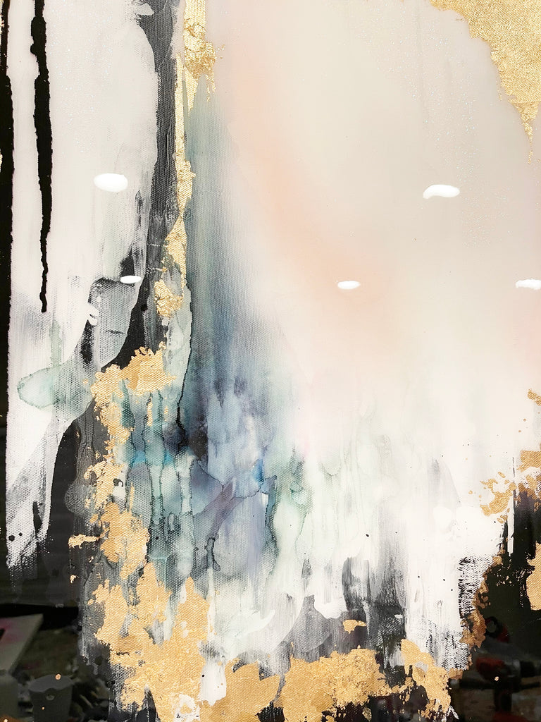 "Speakeasy" Painting White, Black, Gold, Glitter with and Resin Coat 40" x 30" Gold Leaf